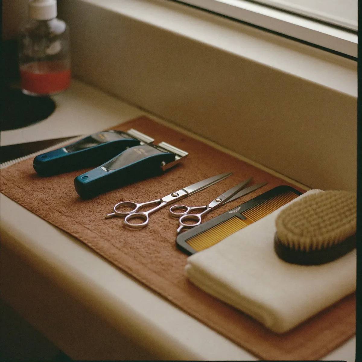 Clippers, scissors and combs laid out on the salon counter